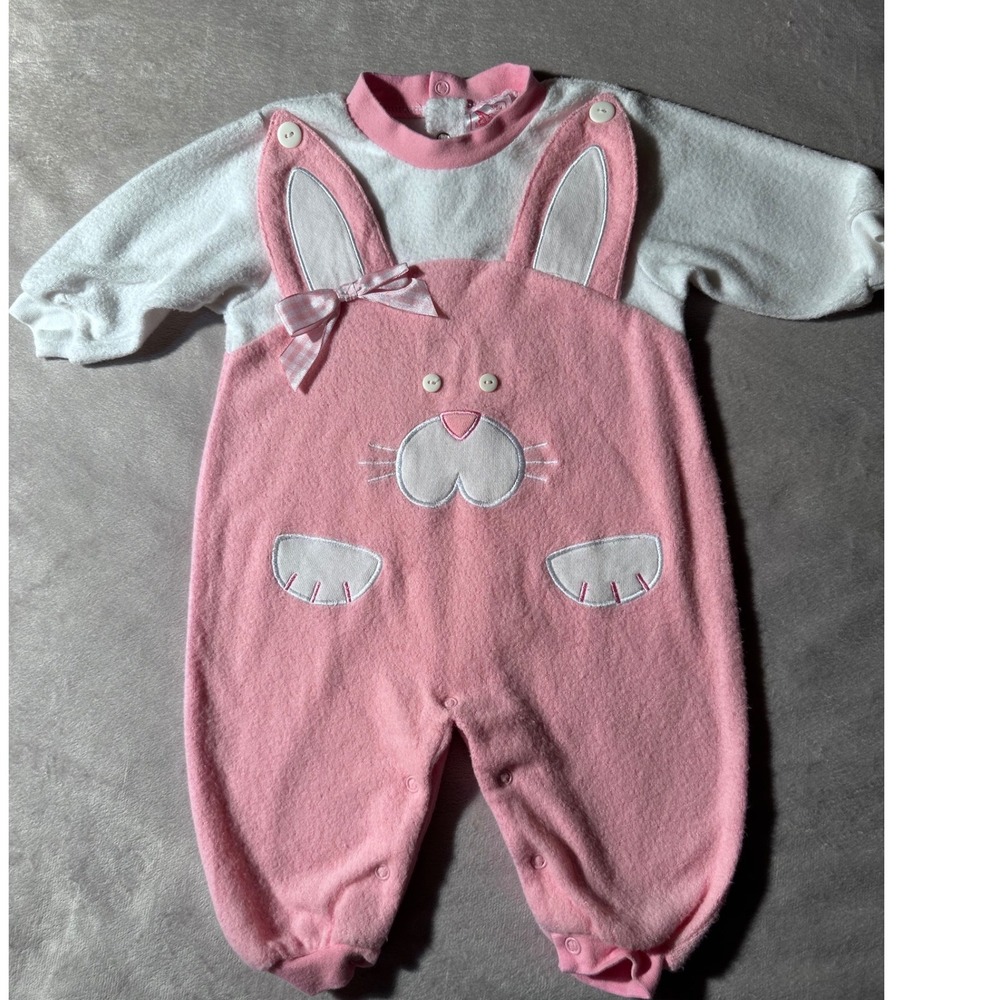 Vintage Buster Brown Pink Bunny Rabbit Baby Romper Jumpsuit 3/6M Long Sleeve
